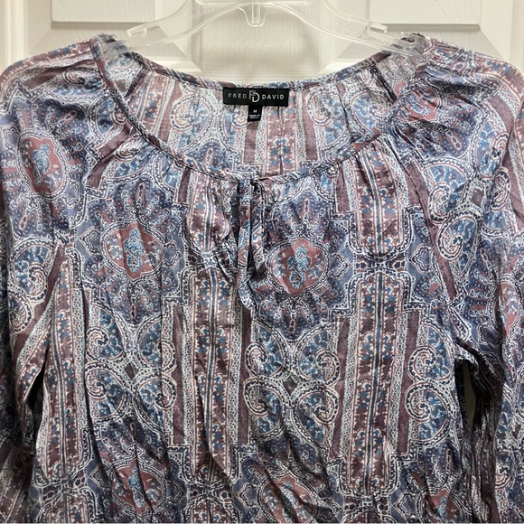 Fred David Womens M Multicolor‎ Paisley Blouse Pleated Shirt Boho - Picture 2 of 4